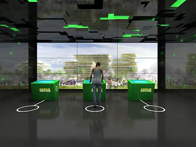 Person Standing Among Green JUPITER Cubes In Tech Interactive Space With Large Screen 3d model
