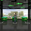 Person Standing Among Green JUPITER Cubes In Tech Interactive Space With Large Screen 3d model