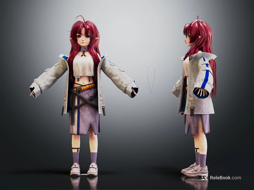 Anime Character 3D Model with Two Views Long Red Hair Light Coat and Purple Skirt 3d model 
