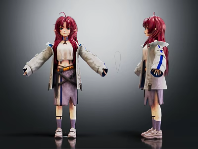 Anime Character 3D Model with Two Views Long Red Hair Light Coat and Purple Skirt 3d model
