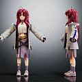 Anime Character 3D Model with Two Views Long Red Hair Light Coat and Purple Skirt