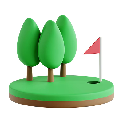 Garden Decor With Three Green Trees Red Flag And Circular Base 3d model