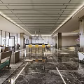 Spacious Hotel Lobby With Marble Floor Geometric Ceiling And Glass Windows 3d model