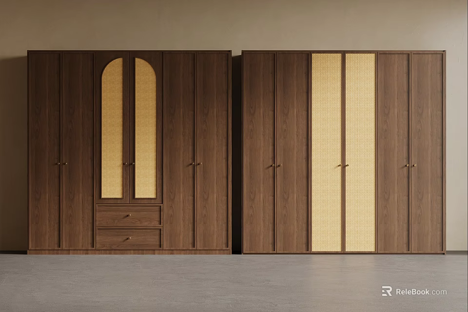 Dark Wood Wardrobe Design Featuring Arched Panel Drawers And Vertical Accent Panels 3d model