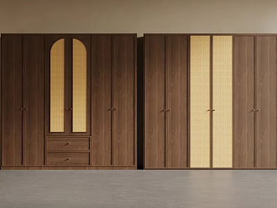 Dark Wood Wardrobe Design Featuring Arched Panel Drawers And Vertical Accent Panels 3d model