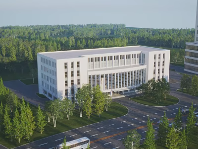 Modern White Office Building Exterior With Green Trees And Surrounding Road 3d model
