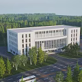 Modern White Office Building Exterior With Green Trees And Surrounding Road