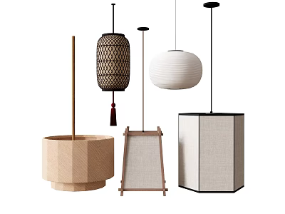 Modern Minimalist Pendant Lights With Lantern Shaped Round And Square Fabric Designs And Wooden Accents 3d model