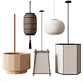 Modern Minimalist Pendant Lights With Lantern Shaped Round And Square Fabric Designs And Wooden Accents