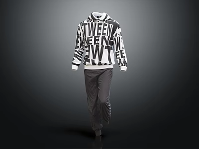 Stylish White Hoodie With Black Letter Print And Gray Casual Pants 3d model