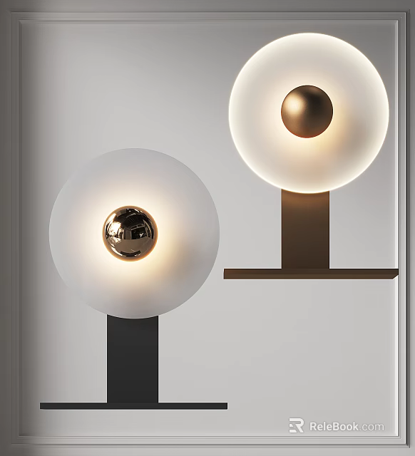 Two Modern Table Lamps With Round White Shades And Gold Sphere Accents On Metal Bases 3d model 