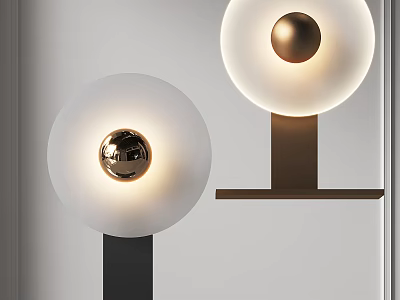 Two Modern Table Lamps With Round White Shades And Gold Sphere Accents On Metal Bases 3d model