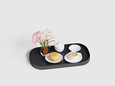 Decorative Ornament Set Featuring Black Tray Pink Flowers White Jar Plates and Hamburger 3d model