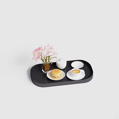 Decorative Ornament Set Featuring Black Tray Pink Flowers White Jar Plates and Hamburger 3d model