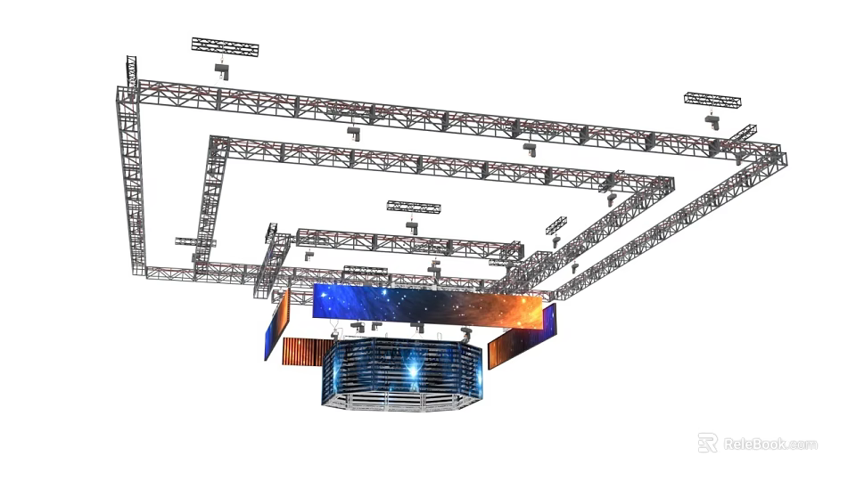 Truss Based Ceiling Design With Lighting Fixtures And Large Displays 3d model 