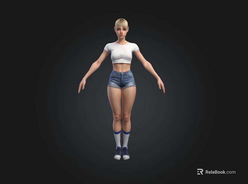 3D Character Model Standing in White T-Shirt Denim Shorts Blue Socks Sneakers on Black Background 3d model 