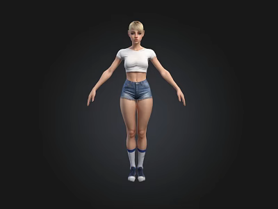 3D Character Model Standing in White T-Shirt Denim Shorts Blue Socks Sneakers on Black Background 3d model