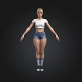 3D Character Model Standing in White T-Shirt Denim Shorts Blue Socks Sneakers on Black Background