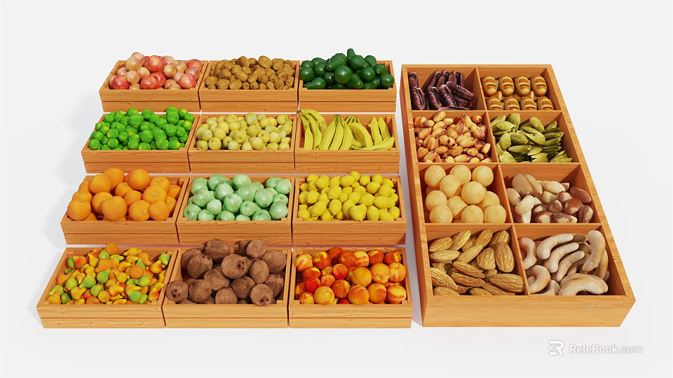 Fresh Vegetables in Multiple Wooden Trays with Various Types and Colors 3d model 