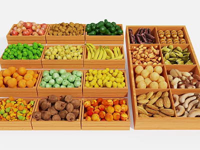 Fresh Vegetables in Multiple Wooden Trays with Various Types and Colors 3d model