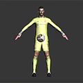 Man in yellow goalkeeper jersey holding soccer ball on gray background