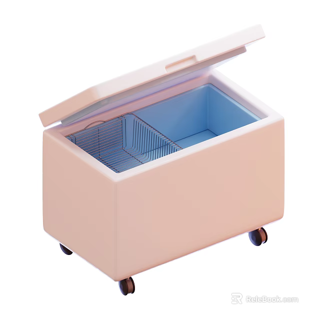 Pink Chest Freezer with Open Lid Metal Wire Basket and Wheels 3d model 