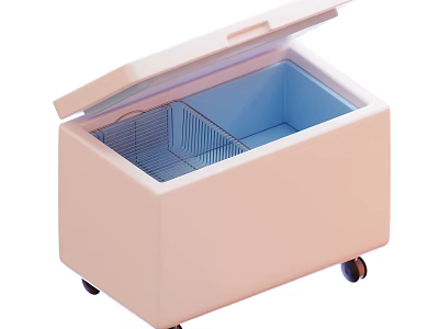 Pink Chest Freezer with Open Lid Metal Wire Basket and Wheels 3d model