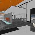 Modern Public Office Space with Long Tables Chairs Arched Ceiling and Large Glass Windows