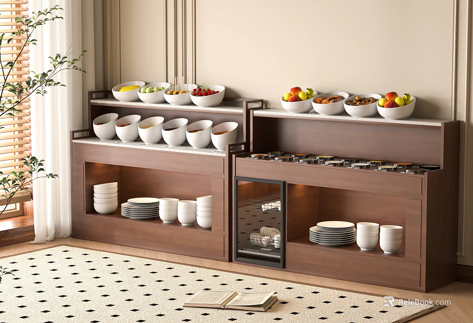 Wooden Display Cabinet With Bowls Fruits Plates And Glass Door Storage 3d model 