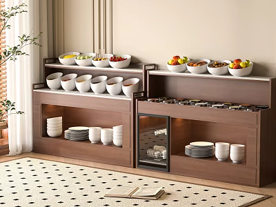 Wooden Display Cabinet With Bowls Fruits Plates And Glass Door Storage 3d model