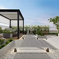 Modern Courtyard Garden Design With Paved Floor Green Plants And Canopy Seating Area