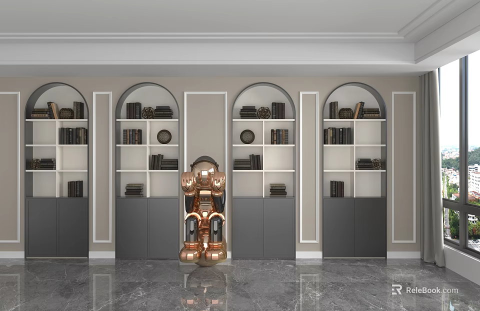 Elegant Modern Storage Shelves With Arched Design Grey White Cabinets And Decorative Books 3d model 