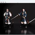 Three Ancient Warrior Game Film Characters In Traditional Blue Outfits Holding Swords And Whips