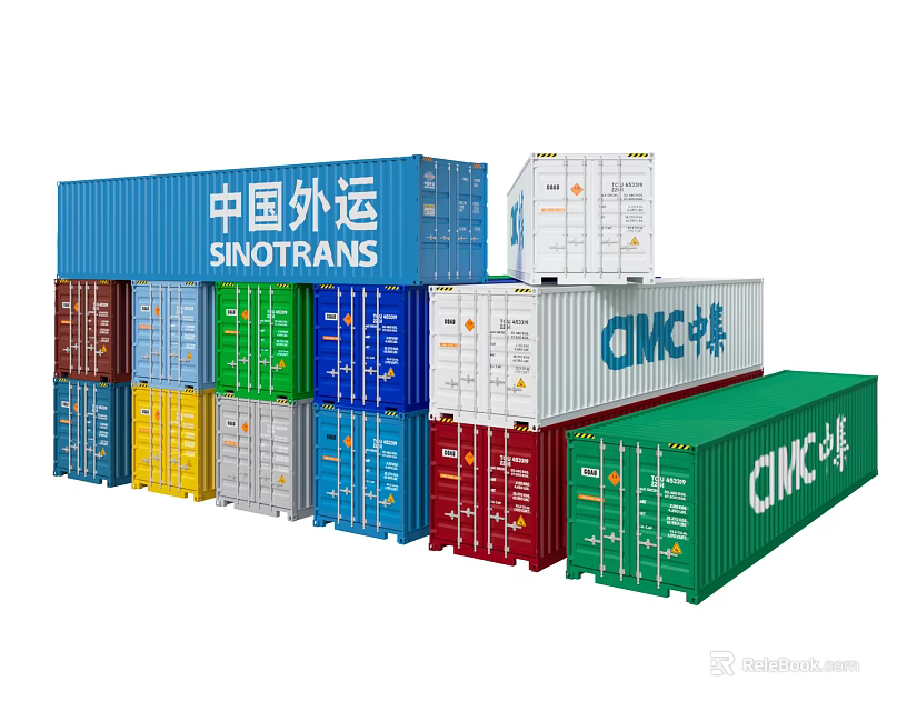 Various Colored Industrial Shipping Containers With Branded Logos For Logistics Transport 3d model 