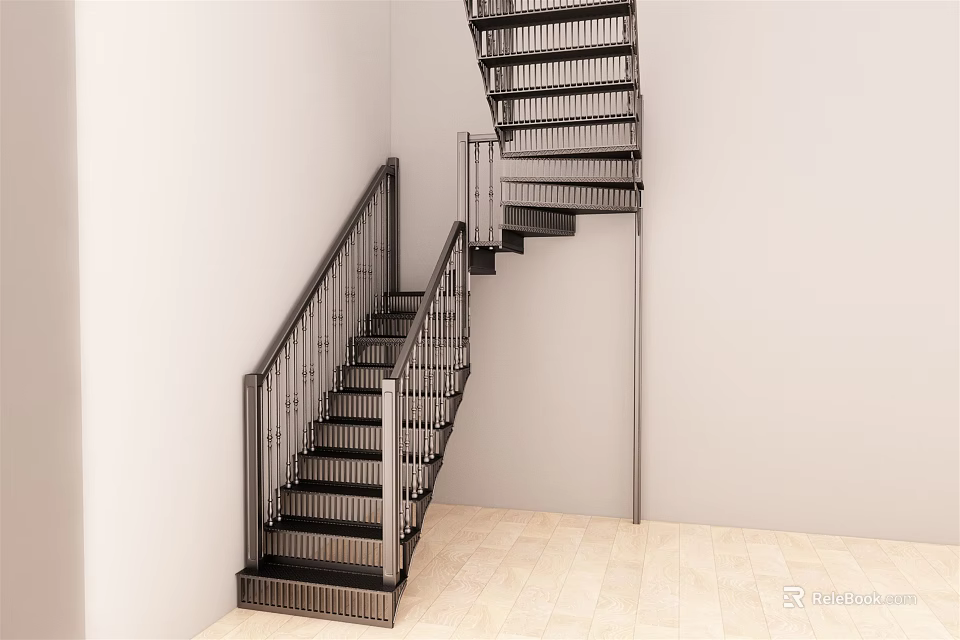 Modern Staircase Design With Metal Railings Black Steps White Walls And Light Floor 3d model 