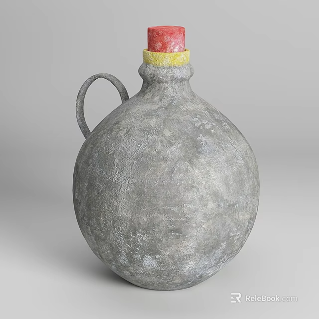 Rustic Gray Ceramic Vessel With Handle And Yellow Red Top Accent 3d model 