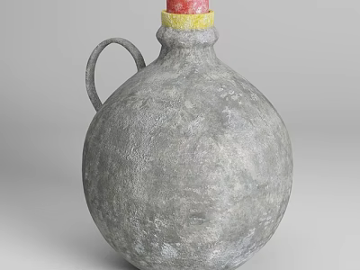 Rustic Gray Ceramic Vessel With Handle And Yellow Red Top Accent 3d model