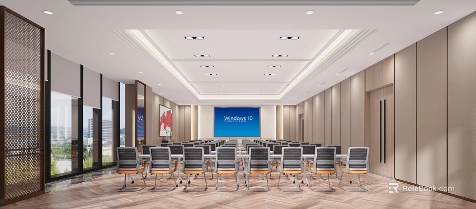 Modern Conference Room Interior Design With Large Screen Tables And Comfortable Chairs 3d model