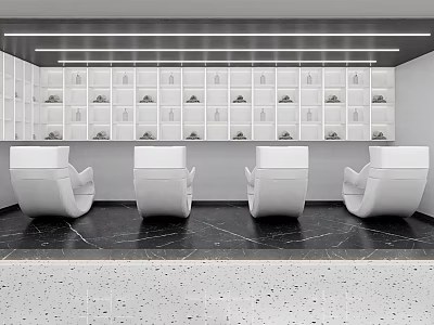 Modern Specialty Store Interior With Display Shelves And White Chairs On Polished Floor 3d model