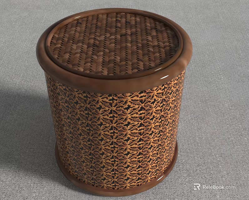 Round Rattan Woven Brown Stool With Intricate Cylindrical Pattern Design 3d model