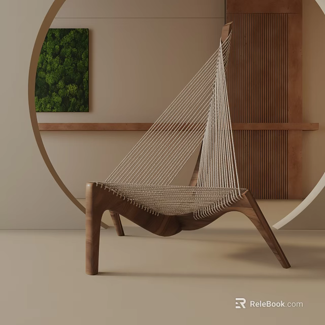 Modern Hammock Style Leisure Chair With Wooden Frame Woven Rope Seat And Green Plant Painting 3d model 