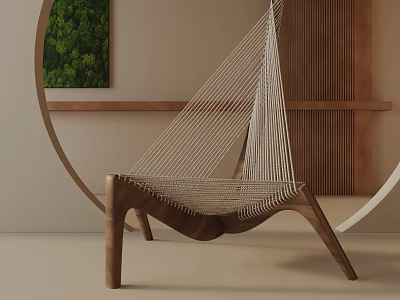Modern Hammock Style Leisure Chair With Wooden Frame Woven Rope Seat And Green Plant Painting 3d model