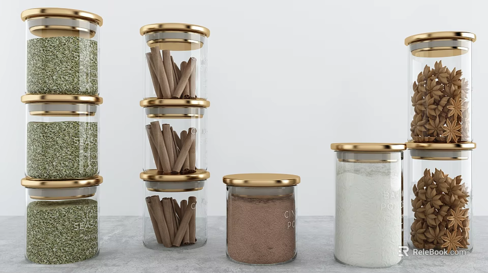 Kitchen Stackable Glass Storage Jars with Gold Lids for Various Ingredients on Countertop 3d model 