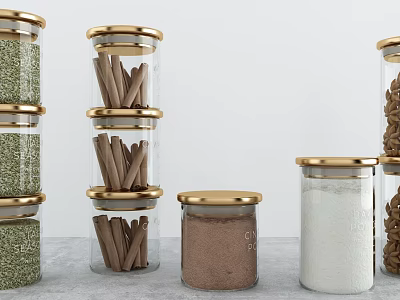 Kitchen Stackable Glass Storage Jars with Gold Lids for Various Ingredients on Countertop 3d model