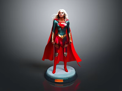 Female Superhero Statue With Green Blue Top Red Cape Boots Gold Details And Black Base 3d model