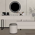 Modern White Dressing Table With Round Mirror Cosmetics Stool And Flower Vase