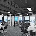 Bright Public Office Space With Glass Partitions Desks Office Chairs Ceiling Lights And City View