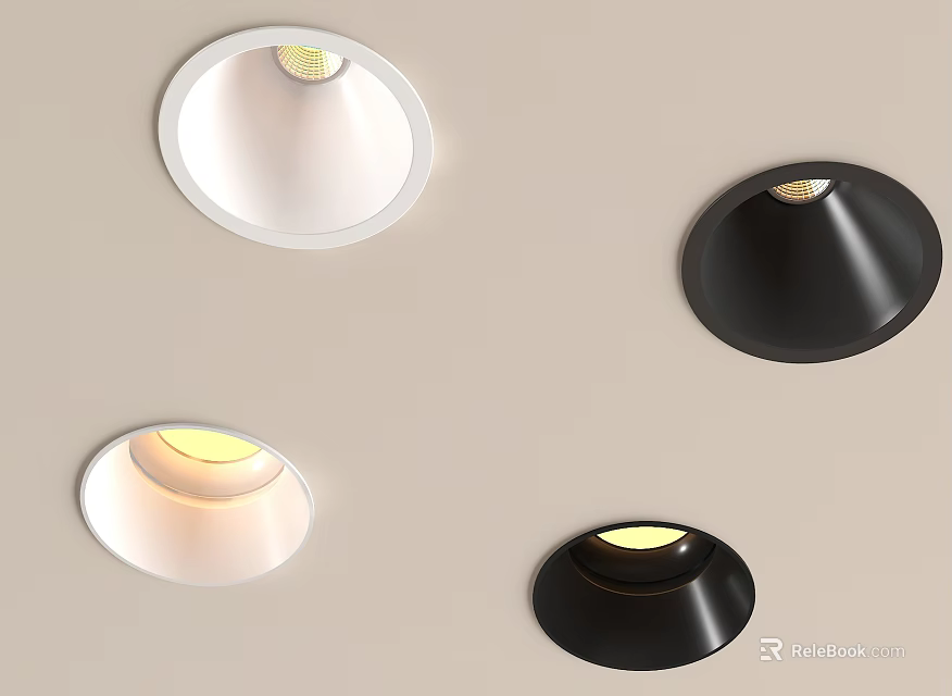 Modern White and Black Downlights and Spotlights Mounted on Beige Wall with Warm Light 3d model 