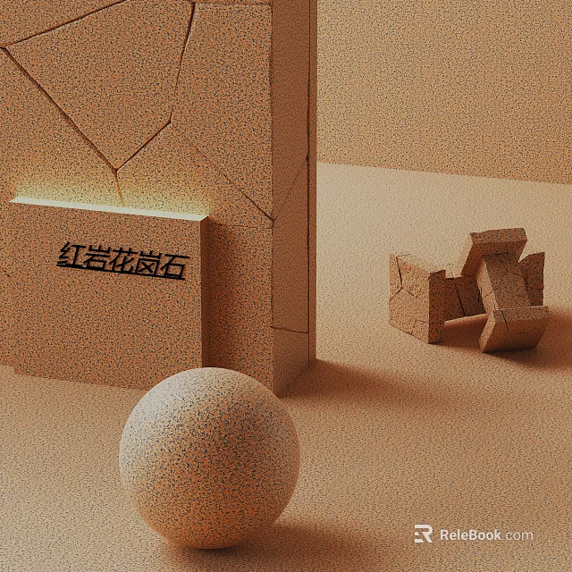 Red Rock Granite Cube With Cracked Surface And Wooden Blocks As Natural Decorative Elements 3d model 