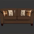 Brown Fabric Two-Seater Sofa with Plaid Decorative Pillows and Stitched Details